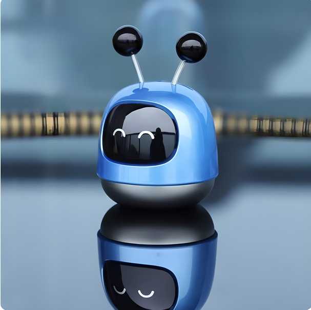 Blue robot toy with a reflective surface on a blurred background