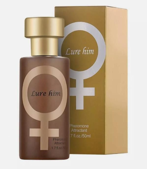 Perfume bottle and packaging of 'Lure Him' with gender symbols on a white background