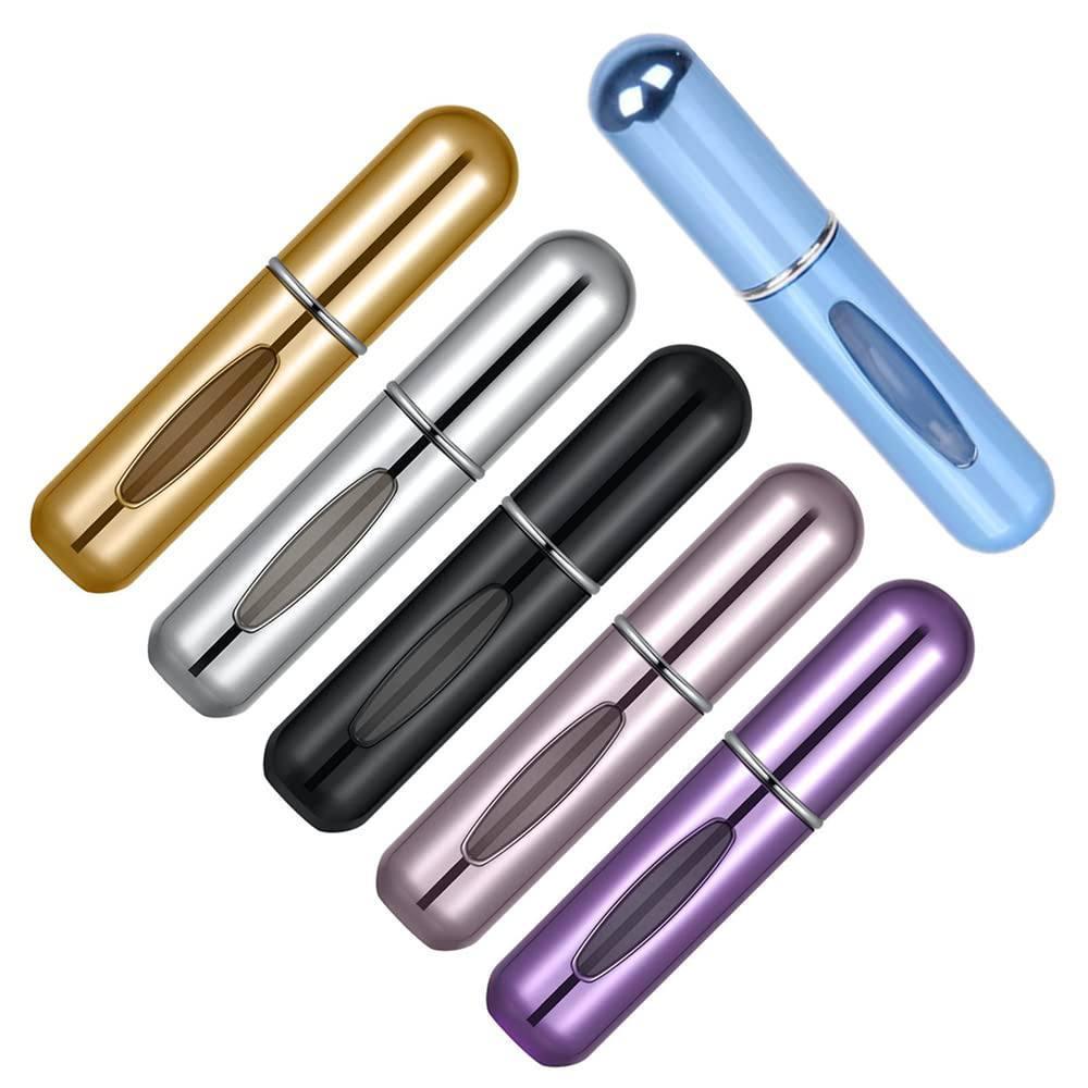 Set of six metallic pen caps in gold, silver, black, blue, pink, and purple on a white background.